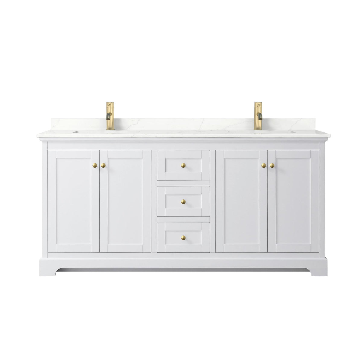 Wyndham Collection Avery 72" Double Bathroom Vanity in White, Giotto Quartz Countertop, Undermount Square Sinks (1-Hole), Brushed Gold Trim