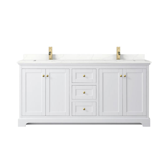 Wyndham Collection Avery 72" Double Bathroom Vanity in White, Giotto Quartz Countertop, Undermount Square Sinks (1-Hole), Brushed Gold Trim