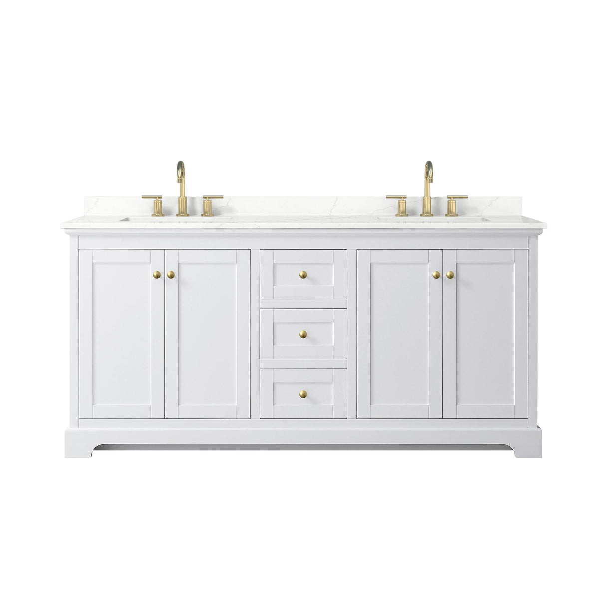 Wyndham Collection Avery 72" Double Bathroom Vanity in White, Giotto Quartz Countertop, Undermount Square Sinks (3-Hole), Brushed Gold Trim