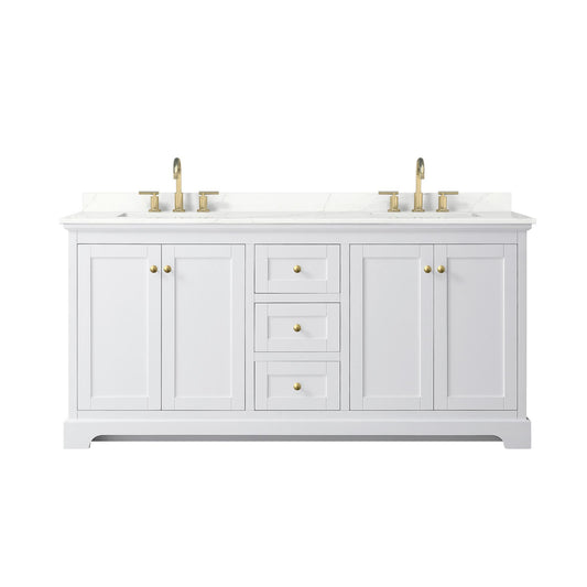 Wyndham Collection Avery 72" Double Bathroom Vanity in White, Giotto Quartz Countertop, Undermount Square Sinks (3-Hole), Brushed Gold Trim