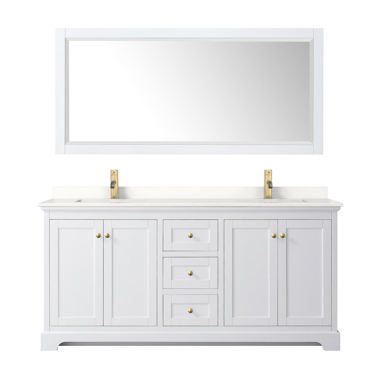 Wyndham Collection Avery 72" Double Bathroom Vanity in White, White Quartz Countertop, Undermount Square Sinks (1-Hole), Brushed Gold Trim and 70" Mirror