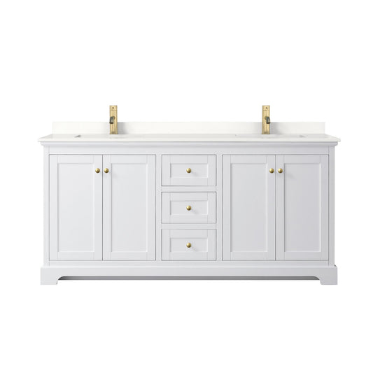 Wyndham Collection Avery 72" Double Bathroom Vanity in White, White Quartz Countertop, Undermount Square Sinks (1-Hole), Brushed Gold Trim