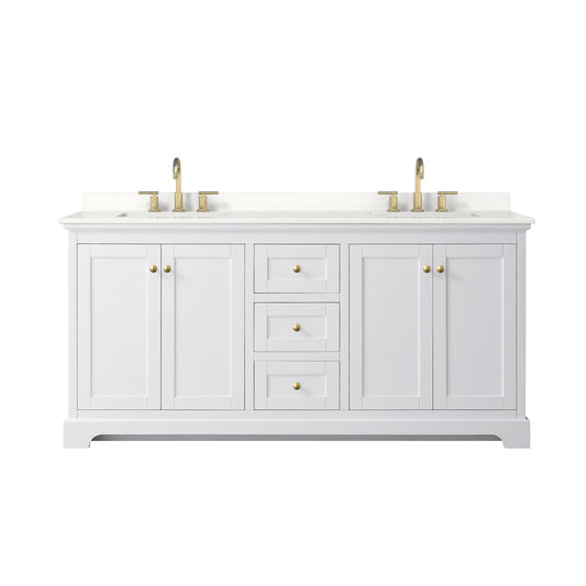 Wyndham Collection Avery 72" Double Bathroom Vanity in White, White Quartz Countertop, Undermount Square Sinks (3-Hole), Brushed Gold Trim