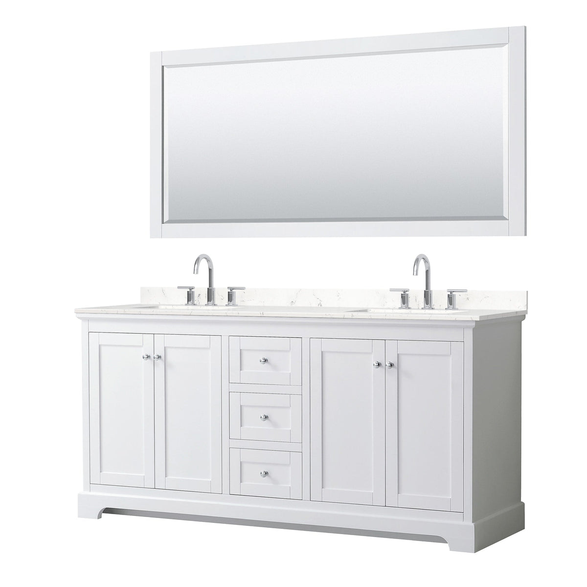 Wyndham Collection Avery 72" Double Bathroom Vanity in White, Carrara Cultured Marble Countertop, Undermount Square Sinks (3-Hole), Polished Chrome Trim and 70" Mirror