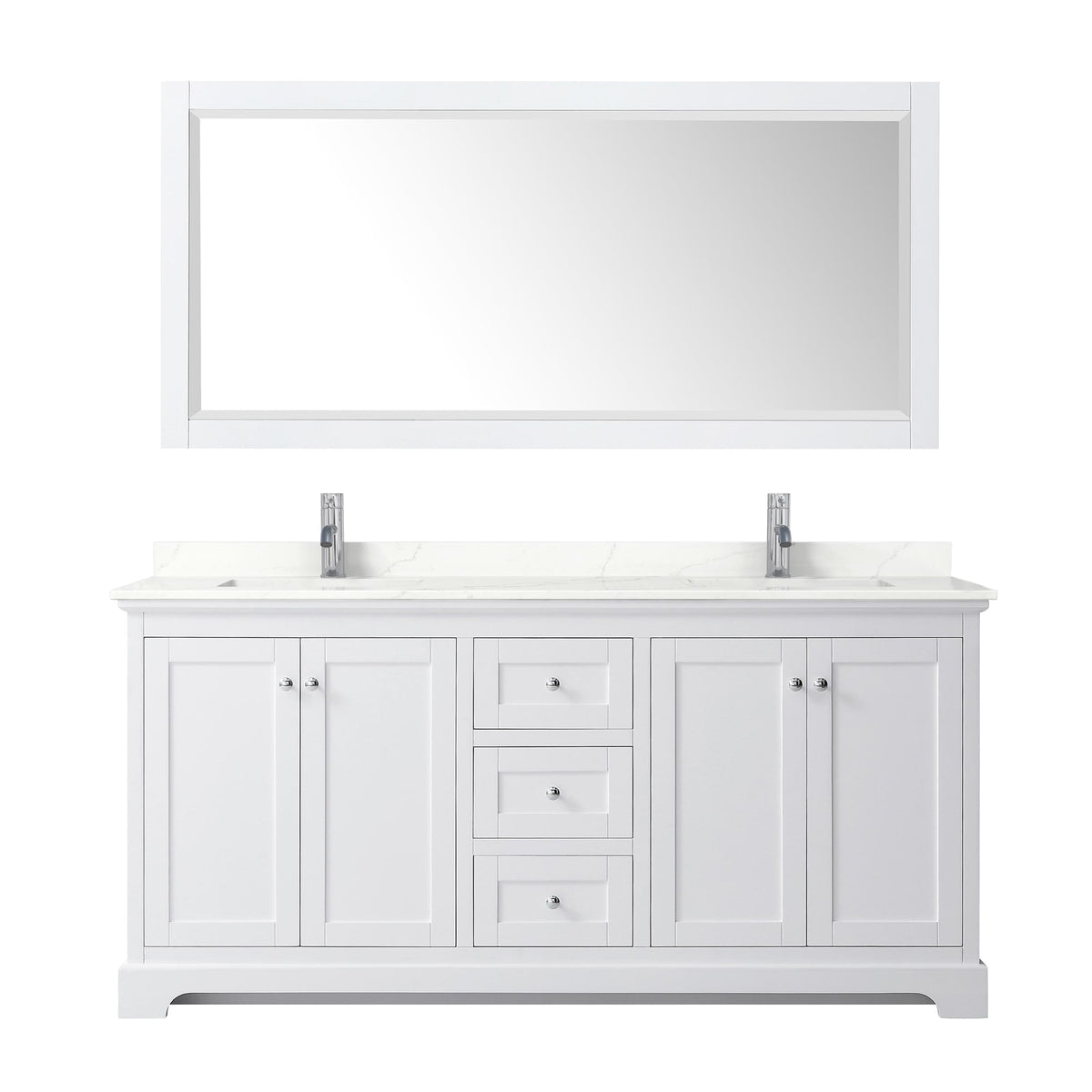 Wyndham Collection Avery 72" Double Bathroom Vanity in White, Giotto Quartz Countertop, Undermount Square Sinks (1-Hole), Polished Chrome Trim and 70" Mirror