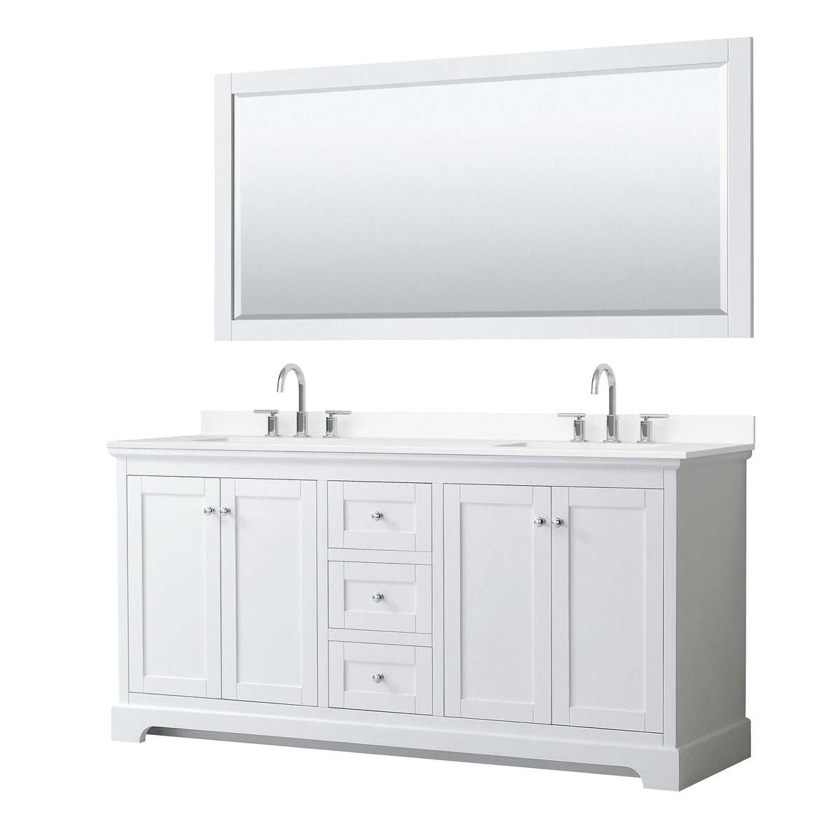 Wyndham Collection Avery 72" Double Bathroom Vanity in White, White Cultured Marble Countertop, Undermount Square Sinks (3-Hole), Polished Chrome Trim and 70" Mirror
