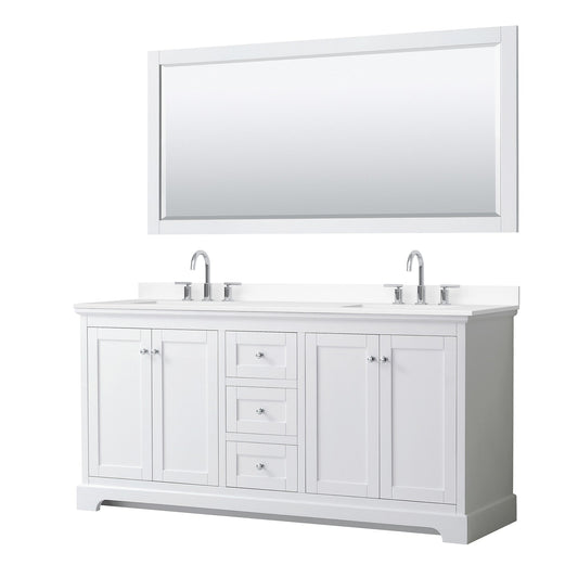 Wyndham Collection Avery 72" Double Bathroom Vanity in White, White Cultured Marble Countertop, Undermount Square Sinks (3-Hole), Polished Chrome Trim and 70" Mirror
