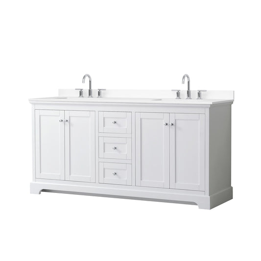 Wyndham Collection Avery 72" Double Bathroom Vanity in White, White Cultured Marble Countertop, Undermount Square Sinks (3-Hole), Polished Chrome Trim
