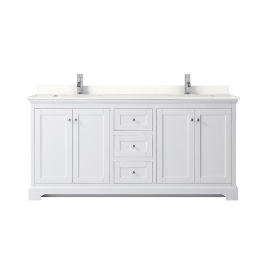 Wyndham Collection Avery 72" Double Bathroom Vanity in White, White Quartz Countertop, Undermount Square Sinks (1-Hole), Polished Chrome Trim