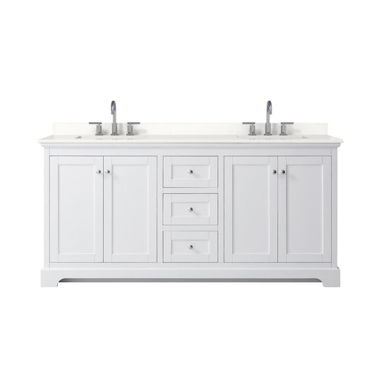 Wyndham Collection Avery 72" Double Bathroom Vanity in White, White Quartz Countertop, Undermount Square Sinks (3-Hole), Polished Chrome Trim