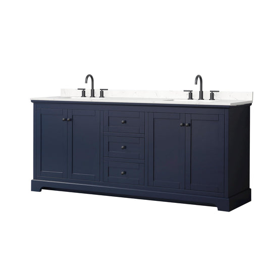 Wyndham Collection Avery 80" Double Bathroom Vanity in Dark Blue, Carrara Cultured Marble Countertop, Undermount Square Sinks (3-Hole), Matte Black Trim