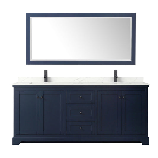 Wyndham Collection Avery 80" Double Bathroom Vanity in Dark Blue, Giotto Quartz Countertop, Undermount Square Sinks (1-Hole), Matte Black Trim and 70" Mirror