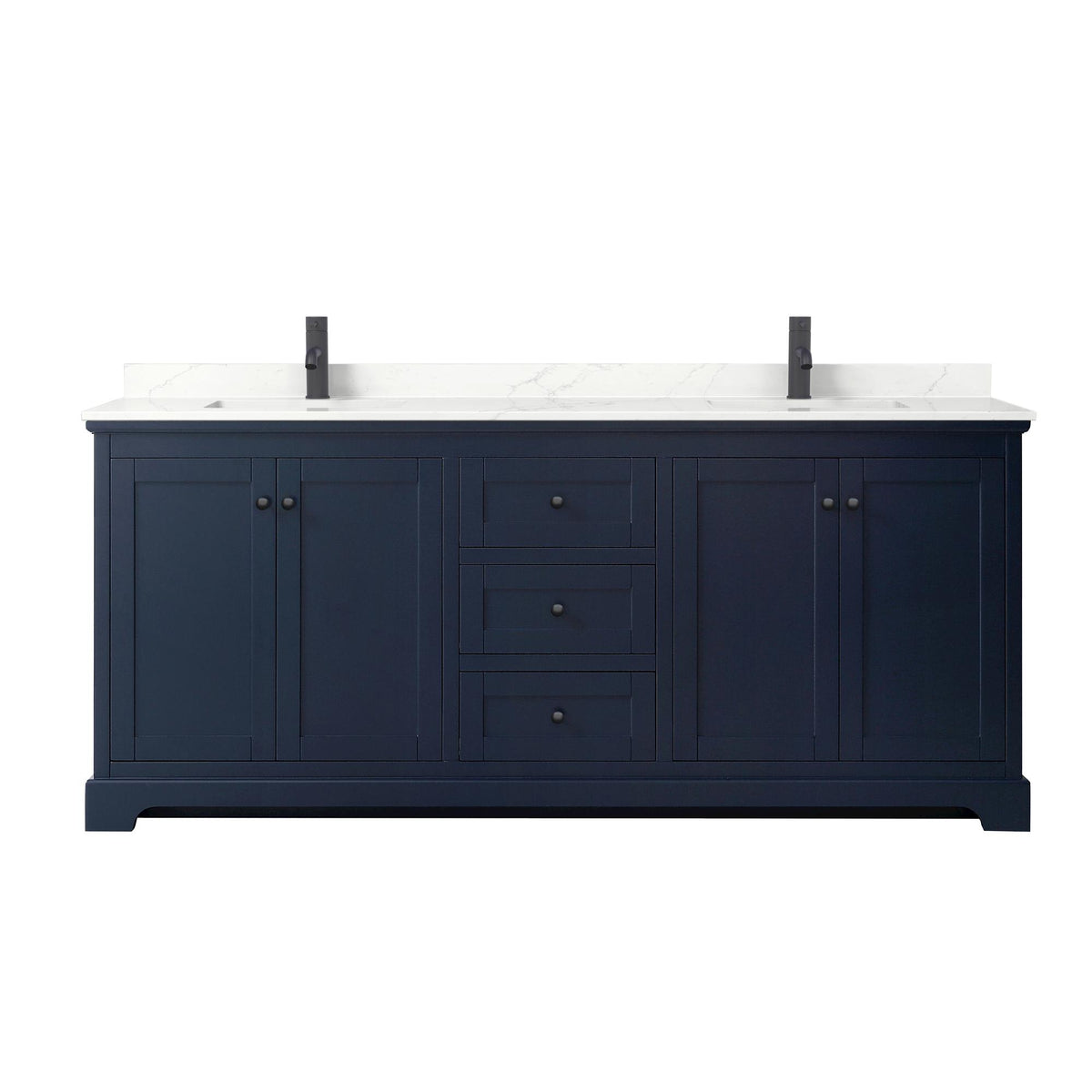 Wyndham Collection Avery 80" Double Bathroom Vanity in Dark Blue, Giotto Quartz Countertop, Undermount Square Sinks (1-Hole), Matte Black Trim