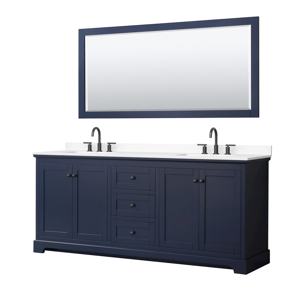 Wyndham Collection Avery 80" Double Bathroom Vanity in Dark Blue, White Cultured Marble Countertop, Undermount Square Sinks (3-Hole), Matte Black Trim and 70" Mirror