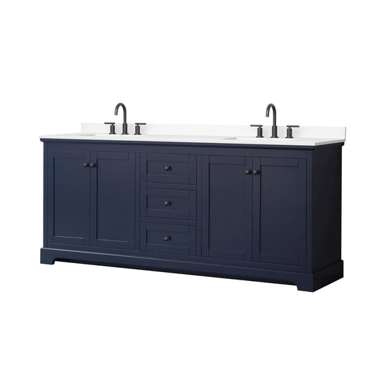 Wyndham Collection Avery 80" Double Bathroom Vanity in Dark Blue, White Cultured Marble Countertop, Undermount Square Sinks (3-Hole), Matte Black Trim