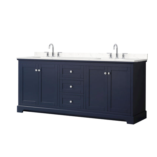 Wyndham Collection Avery 80" Double Bathroom Vanity in Dark Blue, Carrara Cultured Marble Countertop, Undermount Square Sinks (3-Hole), Polished Chrome Trim