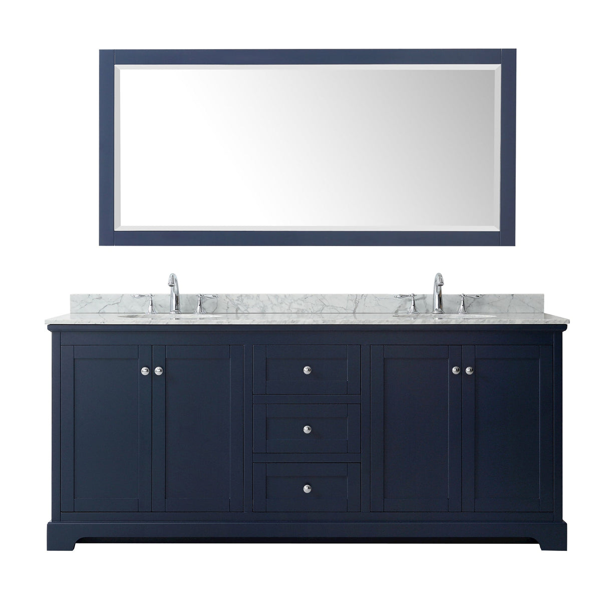Wyndham Collection Avery 80" Double Bathroom Vanity in Dark Blue, White Carrara Marble Countertop, Undermount Oval Sinks (3-Hole), Polished Chrome Trim and 70" Mirror