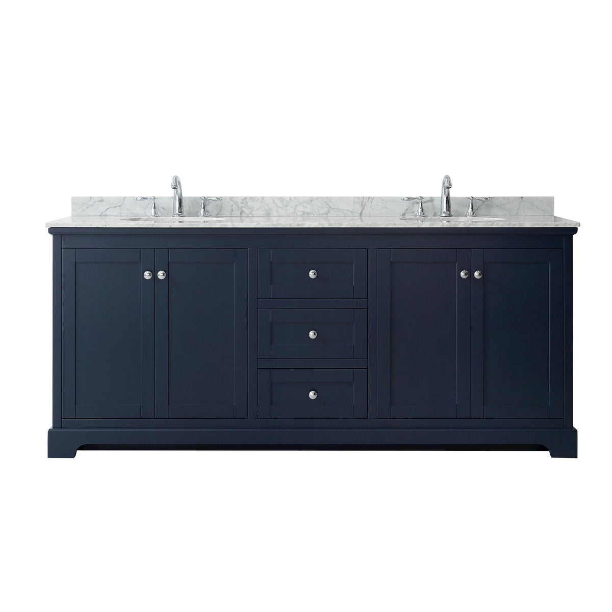 Wyndham Collection Avery 80" Double Bathroom Vanity in Dark Blue, White Carrara Marble Countertop, Undermount Oval Sinks (3-Hole), Polished Chrome Trim