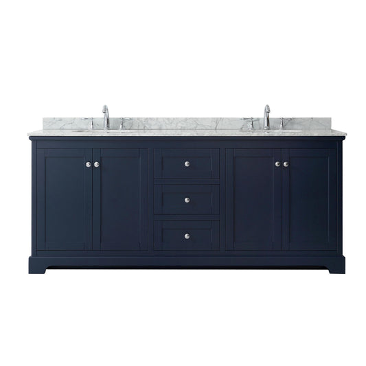 Wyndham Collection Avery 80" Double Bathroom Vanity in Dark Blue, White Carrara Marble Countertop, Undermount Oval Sinks (3-Hole), Polished Chrome Trim
