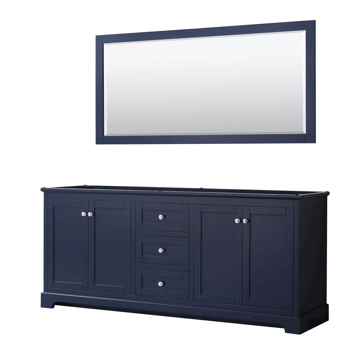 Wyndham Collection Avery 80" Double Bathroom Vanity in Dark Blue, No Countertop, No Sinks, Polished Chrome Trim and 70" Mirror
