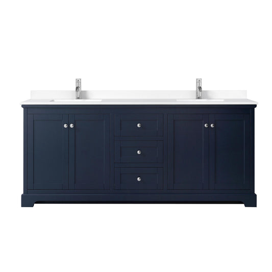 Wyndham Collection Avery 80" Double Bathroom Vanity in Dark Blue, White Cultured Marble Countertop, Undermount Square Sinks (1-Hole), Polished Chrome Trim