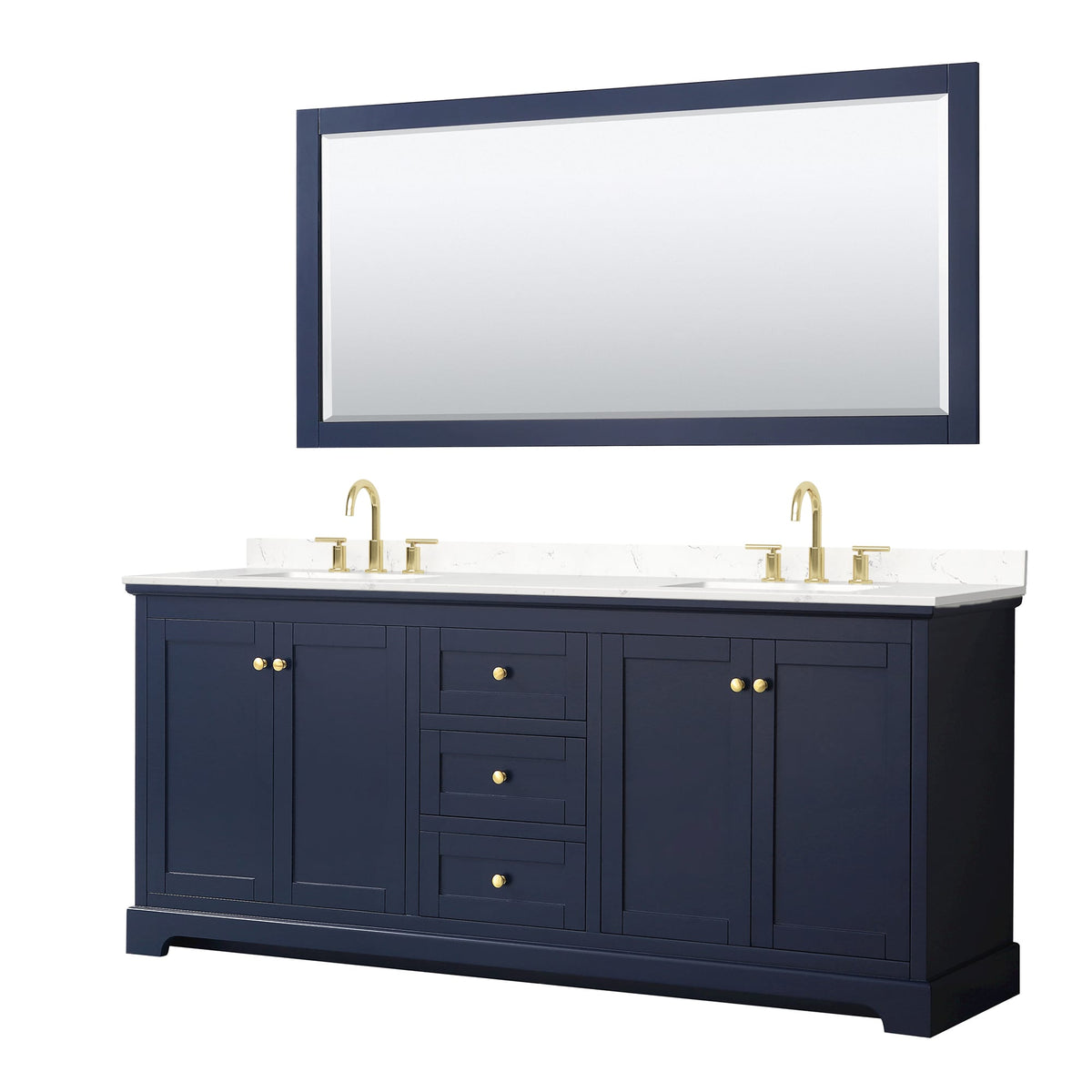 Wyndham Collection Avery 80" Double Bathroom Vanity in Dark Blue, Carrara Cultured Marble Countertop, Undermount Square Sinks (3-Hole), Brushed Gold Trim and 70" Mirror