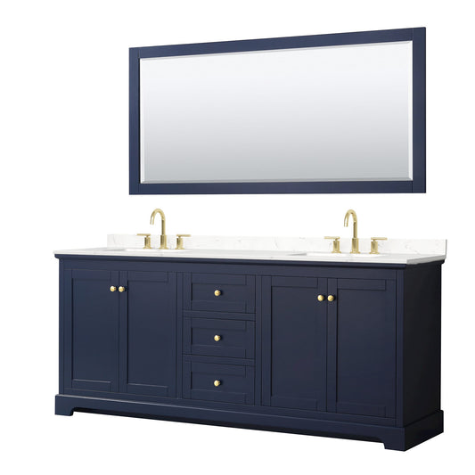 Wyndham Collection Avery 80" Double Bathroom Vanity in Dark Blue, Carrara Cultured Marble Countertop, Undermount Square Sinks (3-Hole), Brushed Gold Trim and 70" Mirror