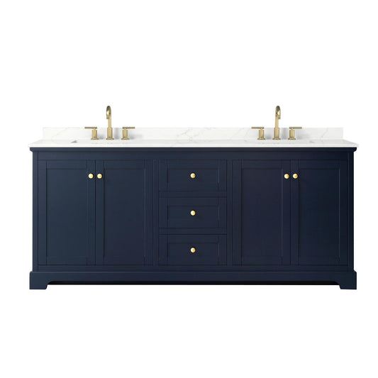 Wyndham Collection Avery 80" Double Bathroom Vanity in Dark Blue, Giotto Quartz Countertop, Undermount Square Sinks (3-Hole), Brushed Gold Trim
