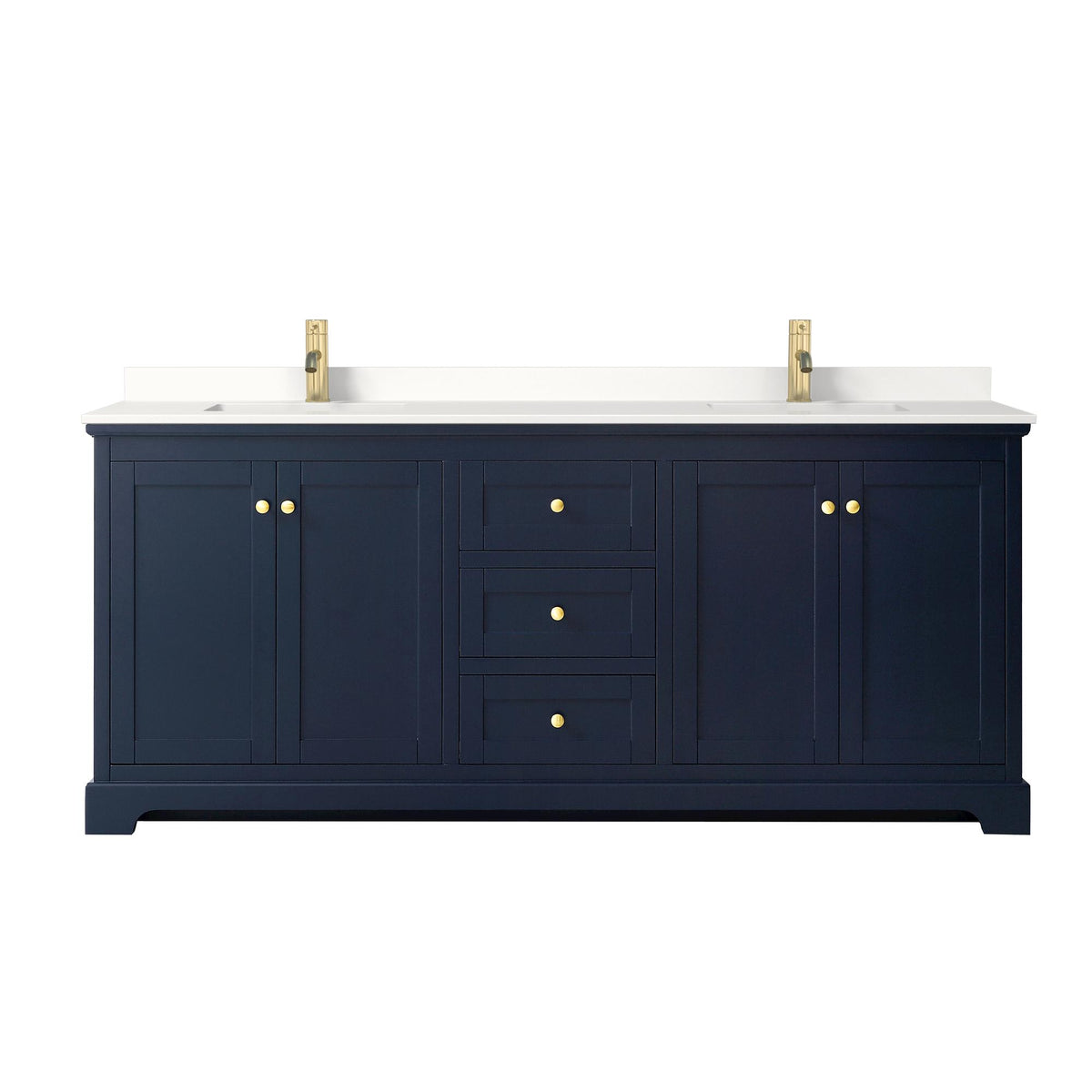Wyndham Collection Avery 80" Double Bathroom Vanity in Dark Blue, White Quartz Countertop, Undermount Square Sinks (1-Hole), Brushed Gold Trim