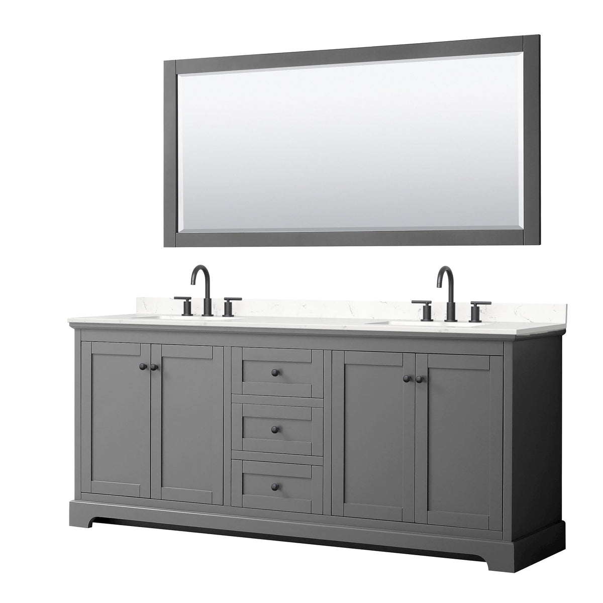 Wyndham Collection Avery 80" Double Bathroom Vanity in Dark Gray, Carrara Cultured Marble Countertop, Undermount Square Sinks (3-Hole), Matte Black Trim and 70" Mirror