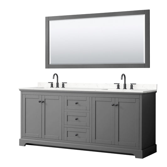 Wyndham Collection Avery 80" Double Bathroom Vanity in Dark Gray, Carrara Cultured Marble Countertop, Undermount Square Sinks (3-Hole), Matte Black Trim and 70" Mirror