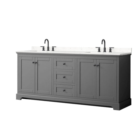 Wyndham Collection Avery 80" Double Bathroom Vanity in Dark Gray, Carrara Cultured Marble Countertop, Undermount Square Sinks (3-Hole), Matte Black Trim