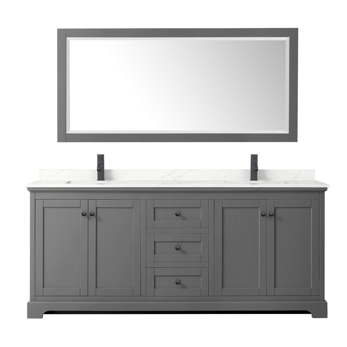 Wyndham Collection Avery 80" Double Bathroom Vanity in Dark Gray, Giotto Quartz Countertop, Undermount Square Sinks (1-Hole), Matte Black Trim and 70" Mirror