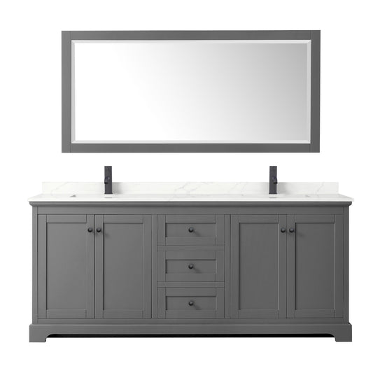 Wyndham Collection Avery 80" Double Bathroom Vanity in Dark Gray, Giotto Quartz Countertop, Undermount Square Sinks (1-Hole), Matte Black Trim and 70" Mirror