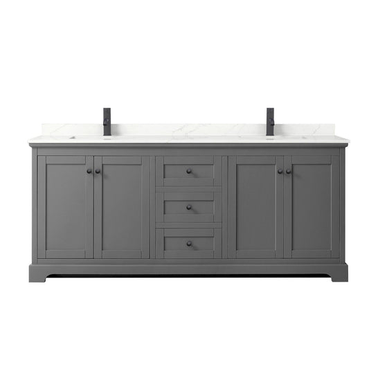 Wyndham Collection Avery 80" Double Bathroom Vanity in Dark Gray, Giotto Quartz Countertop, Undermount Square Sinks (1-Hole), Matte Black Trim