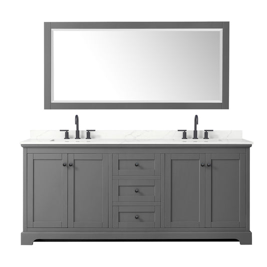 Wyndham Collection Avery 80" Double Bathroom Vanity in Dark Gray, Giotto Quartz Countertop, Undermount Square Sinks (3-Hole), Matte Black Trim and 70" Mirror