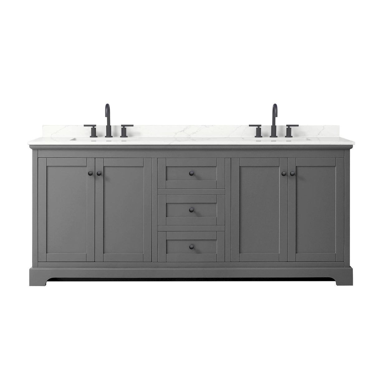 Wyndham Collection Avery 80" Double Bathroom Vanity in Dark Gray, Giotto Quartz Countertop, Undermount Square Sinks (3-Hole), Matte Black Trim