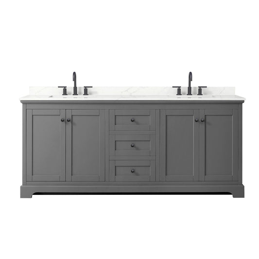 Wyndham Collection Avery 80" Double Bathroom Vanity in Dark Gray, Giotto Quartz Countertop, Undermount Square Sinks (3-Hole), Matte Black Trim