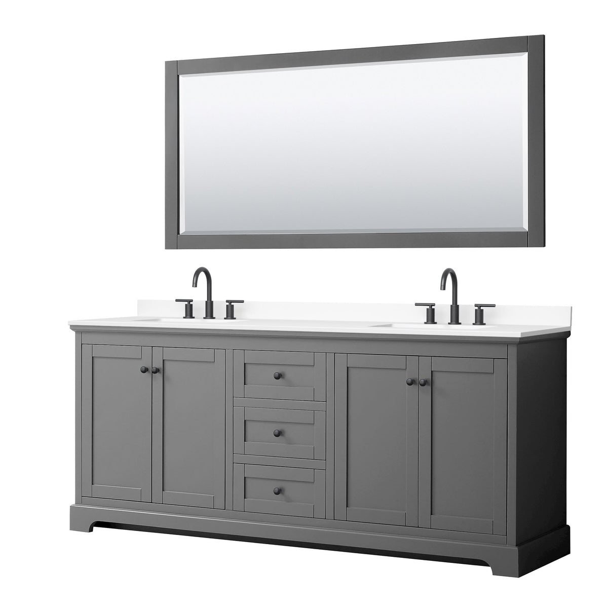 Wyndham Collection Avery 80" Double Bathroom Vanity in Dark Gray, White Cultured Marble Countertop, Undermount Square Sinks (3-Hole), Matte Black Trim and 70" Mirror