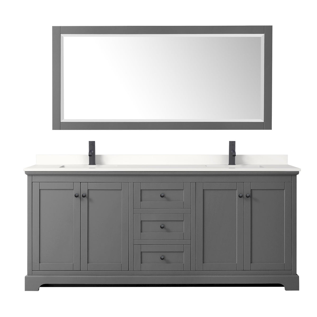 Wyndham Collection Avery 80" Double Bathroom Vanity in Dark Gray, White Quartz Countertop, Undermount Square Sinks (1-Hole), Matte Black Trim and 70" Mirror