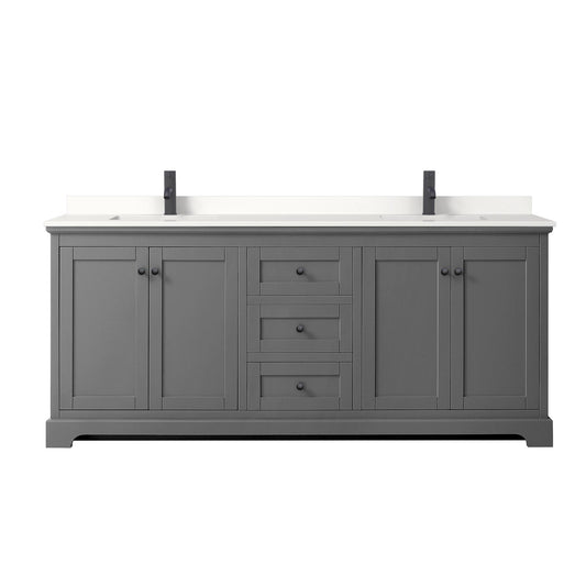 Wyndham Collection Avery 80" Double Bathroom Vanity in Dark Gray, White Quartz Countertop, Undermount Square Sinks (1-Hole), Matte Black Trim
