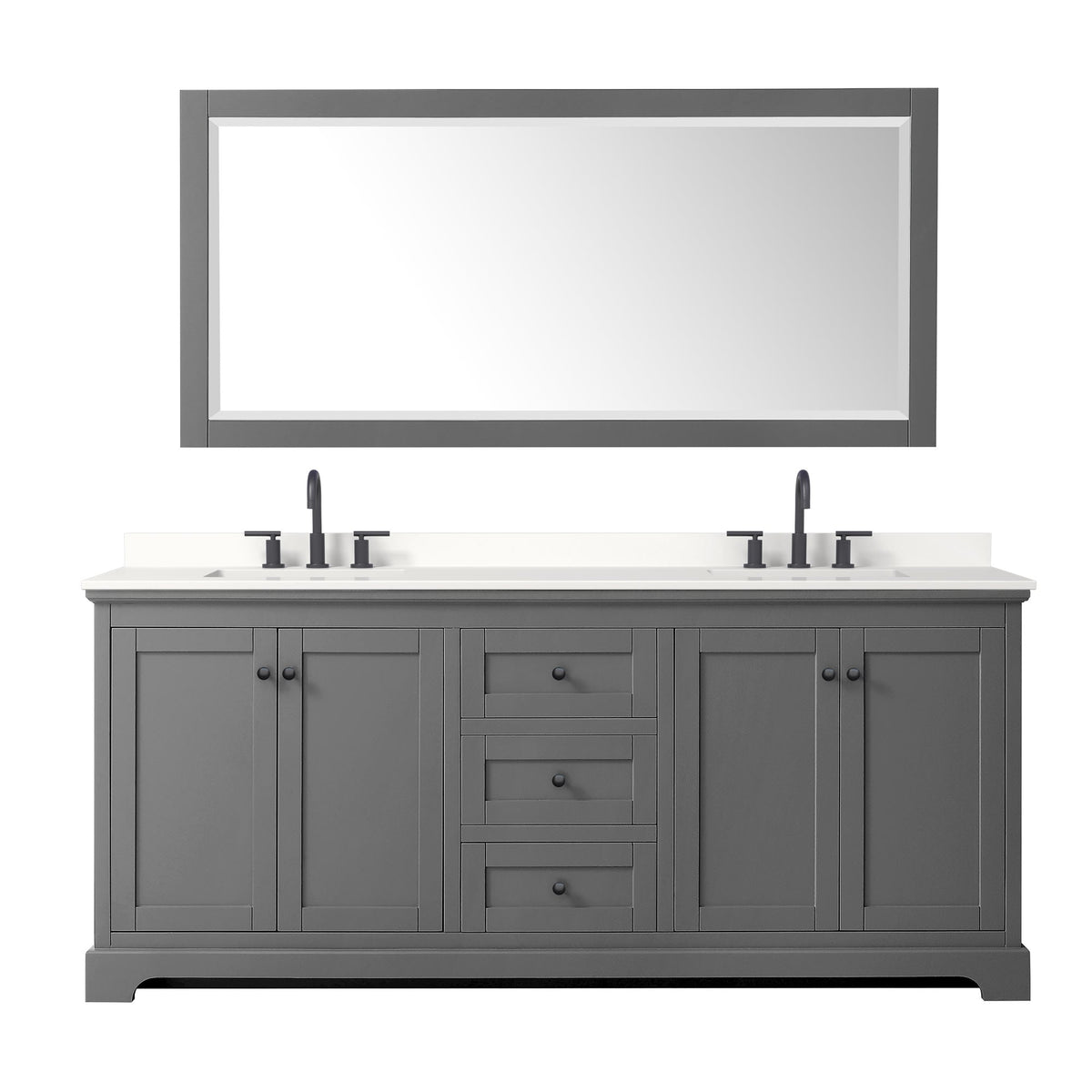 Wyndham Collection Avery 80" Double Bathroom Vanity in Dark Gray, White Quartz Countertop, Undermount Square Sinks (3-Hole), Matte Black Trim and 70" Mirror