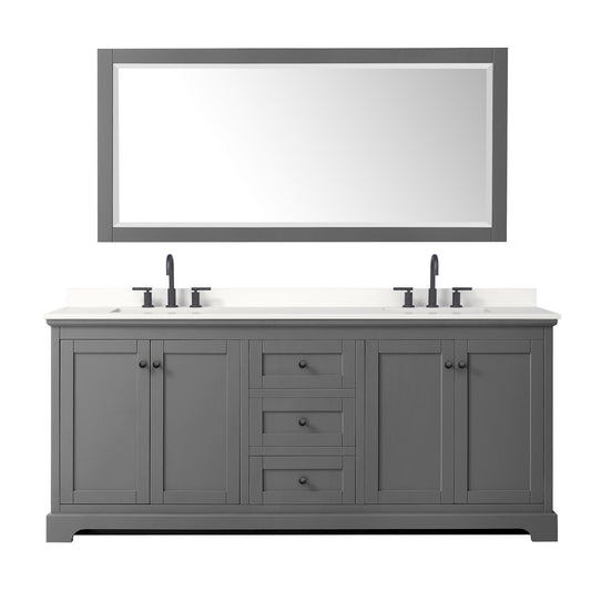 Wyndham Collection Avery 80" Double Bathroom Vanity in Dark Gray, White Quartz Countertop, Undermount Square Sinks (3-Hole), Matte Black Trim and 70" Mirror