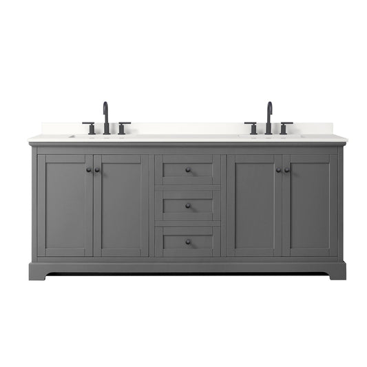 Wyndham Collection Avery 80" Double Bathroom Vanity in Dark Gray, White Quartz Countertop, Undermount Square Sinks (3-Hole), Matte Black Trim