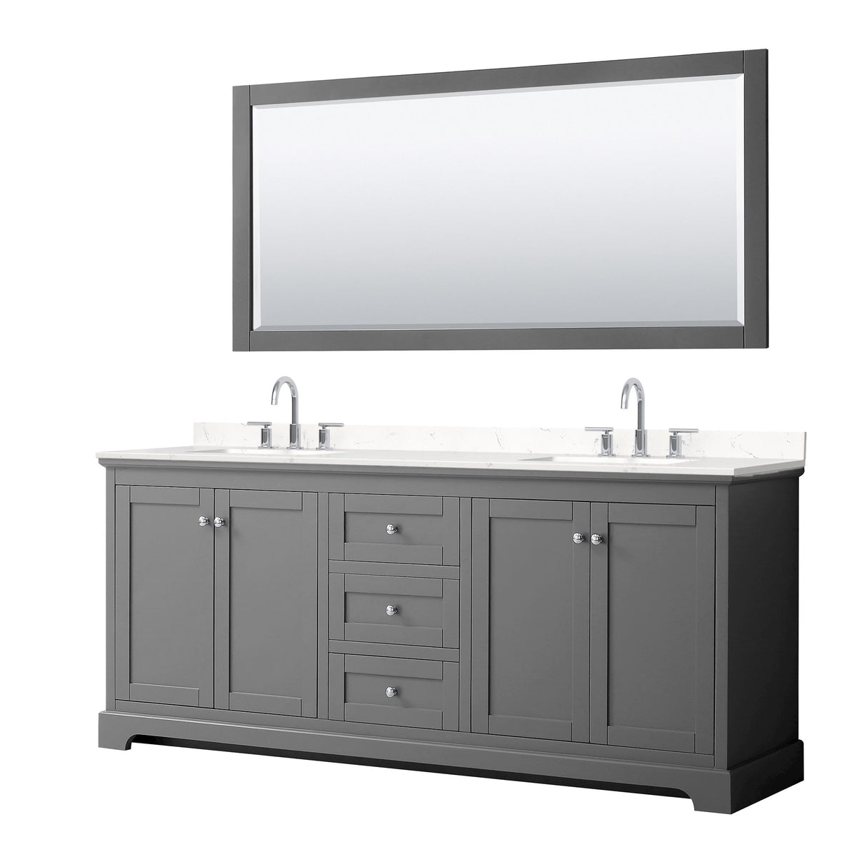Wyndham Collection Avery 80" Double Bathroom Vanity in Dark Gray, Carrara Cultured Marble Countertop, Undermount Square Sinks (3-Hole), Polished Chrome Trim and 70" Mirror