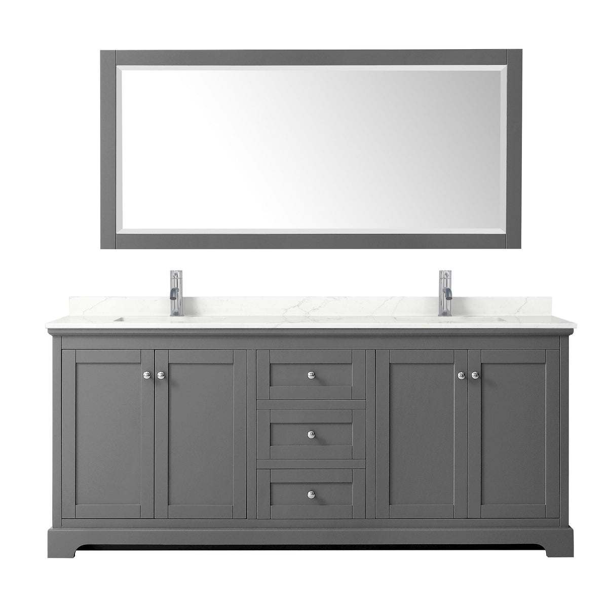Wyndham Collection Avery 80" Double Bathroom Vanity in Dark Gray, Giotto Quartz Countertop, Undermount Square Sinks (1-Hole), Polished Chrome Trim and 70" Mirror
