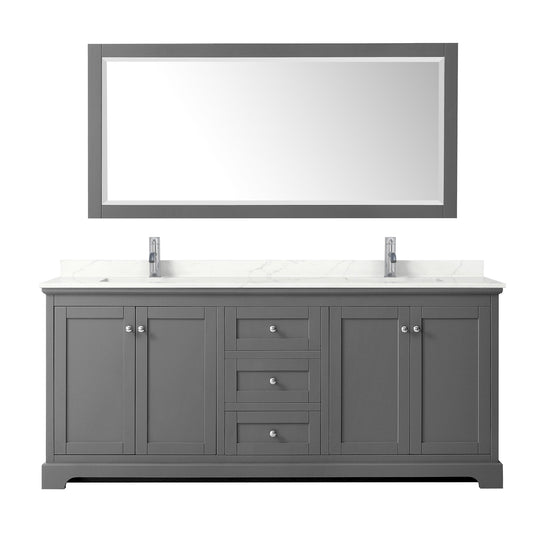 Wyndham Collection Avery 80" Double Bathroom Vanity in Dark Gray, Giotto Quartz Countertop, Undermount Square Sinks (1-Hole), Polished Chrome Trim and 70" Mirror