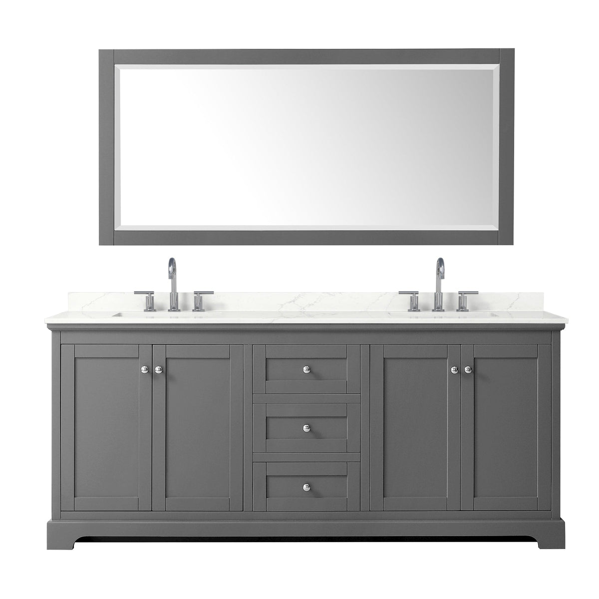 Wyndham Collection Avery 80" Double Bathroom Vanity in Dark Gray, Giotto Quartz Countertop, Undermount Square Sinks (3-Hole), Polished Chrome Trim and 70" Mirror