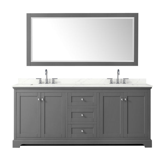 Wyndham Collection Avery 80" Double Bathroom Vanity in Dark Gray, Giotto Quartz Countertop, Undermount Square Sinks (3-Hole), Polished Chrome Trim and 70" Mirror