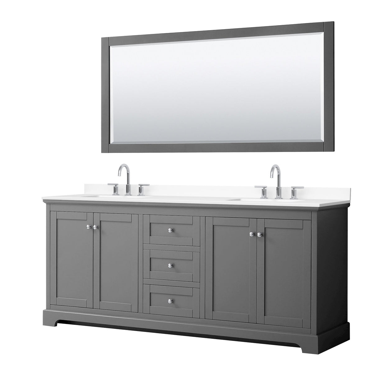 Wyndham Collection Avery 80" Double Bathroom Vanity in Dark Gray, White Cultured Marble Countertop, Undermount Square Sinks (3-Hole), Polished Chrome Trim and 70" Mirror